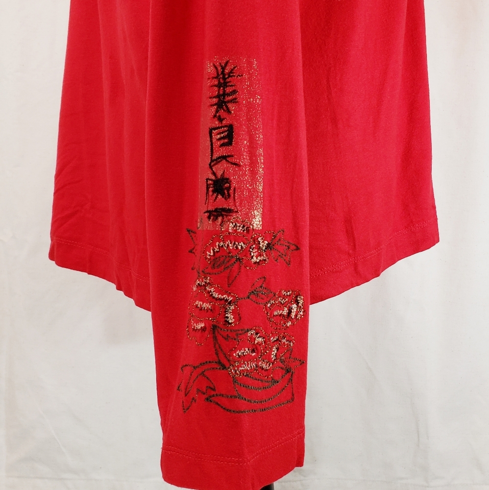 Chico's Red Asian Inspired long sleeve V-Neck Size 2 - Picture 2 of 5